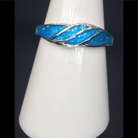 Sterling Silver Wedding Band Australian Fire Blue Opal Ring - Picture 4 of 5